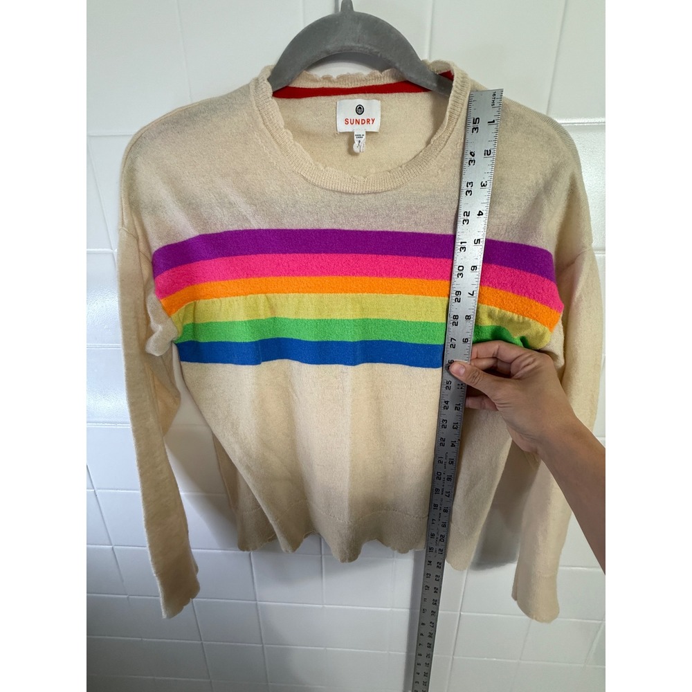 Sundry Womens Wool Cashmere Rainbow Stripe Scallop Trim Sweater Cream Size 0 - Picture 6 of 7